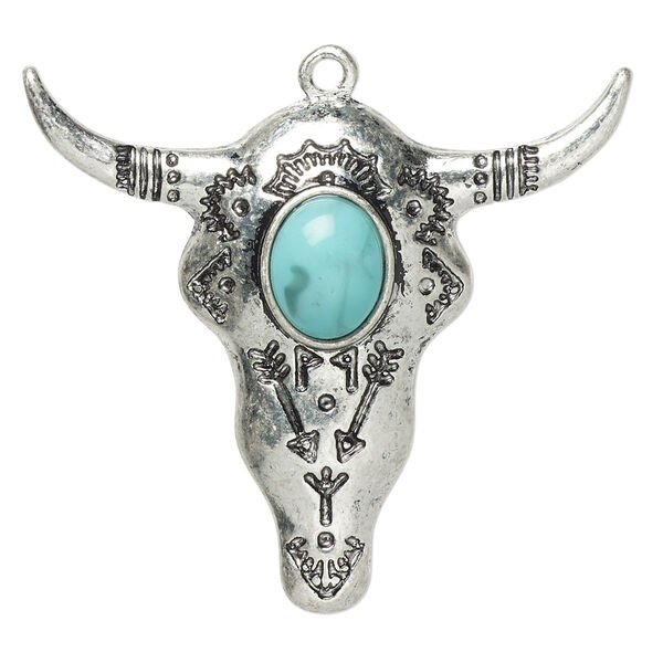 Focal, "turquoise" (resin) (imitation) and antiqued "pewter" (zinc-based alloy), blue, 43.5x39mm single-sided steer skull with tribal design. Sold individually. image number 0