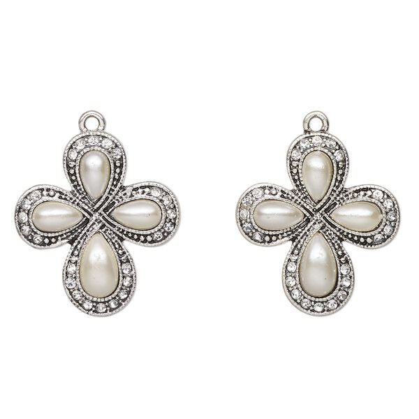 Drop, antique silver-finished "pewter" (zinc-based alloy), acrylic pearl and glass, clear and white, 29x26mm cross. Sold per pkg of 2. image number 0