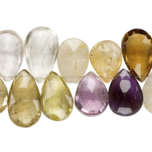 Bead, multi-gemstone (natural / dyed / heated / irradiated), multicolored, 12x9mm-16x11mm hand-cut top-drilled faceted puffed teardrop, B- grade, Mohs hardness 3 to 7. Sold per 4-inch strand. image number 0
