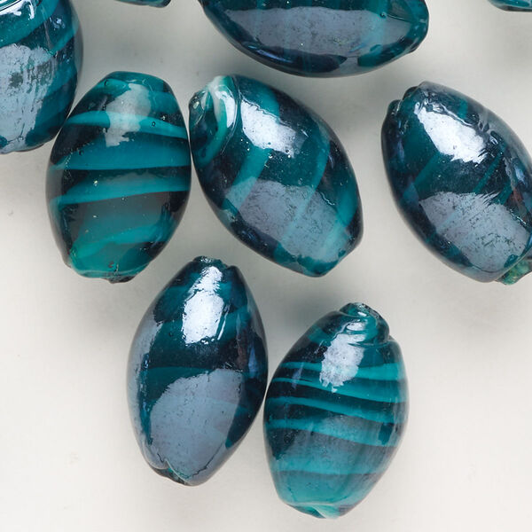 Bead, lampworked glass, iridescent opaque teal and white, 16x11mm-18x12mm oval with swirl design. Sold per pkg of 20. image number 0