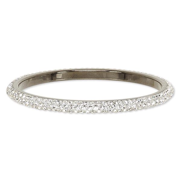 Bracelet, bangle, epoxy / Preciosa glass rhinestone / gunmetal-plated brass, black and clear, 6mm wide, 8 inches. Sold individually. image number 0