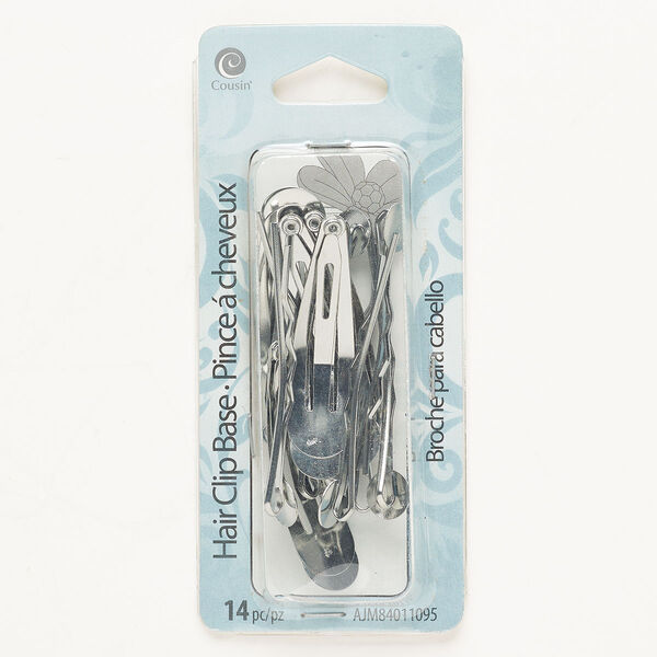 Hair clip mix, steel, pkg/14, silver finish, 1-1/2 inch with 8mm or 10mm round setting. image number 0