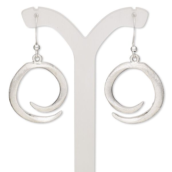 Earring, imitation rhodium-plated brass and "pewter" (zinc-based alloy), 41mm with brushed swirl and fishhook ear wire. Sold per pair. image number 0