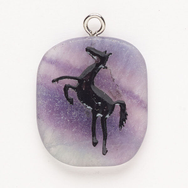 Focal, steel/rainbow fluorite (natural)/enamel, pkg/1, silver finish and black, 33x27mm single-sided puffed freeform with rearing horse, B- grade. image number 0
