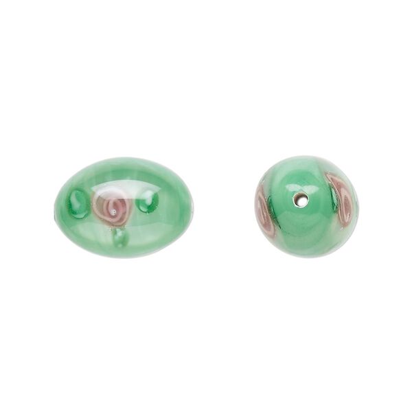 Bead, Czech lampworked glass, opaque green and pink, 15x10mm-16x11mm olive with flower design. Sold per pkg of 2. image number 0