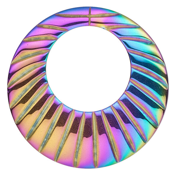 Focal, electroplated Hemalyke™ (man-made), rainbow, 40mm single-sided round go-go with line design. Sold individually. image number 0