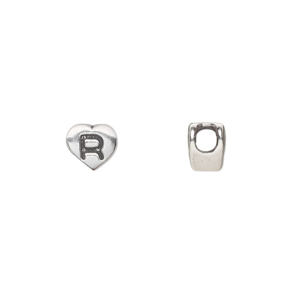 Bead, sterling silver, 7.5x7mm heart with alphabet letter "R." Sold individually. image number 0