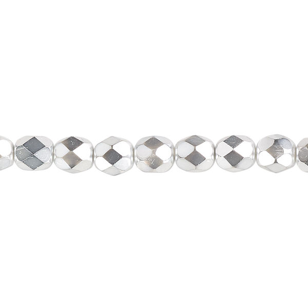 Bead, Czech fire-polished glass, opaque to transparent clear with half-coat metallic silver and chrome, 6mm faceted round. Sold per 15-1/2" to 16" strand. image number 0