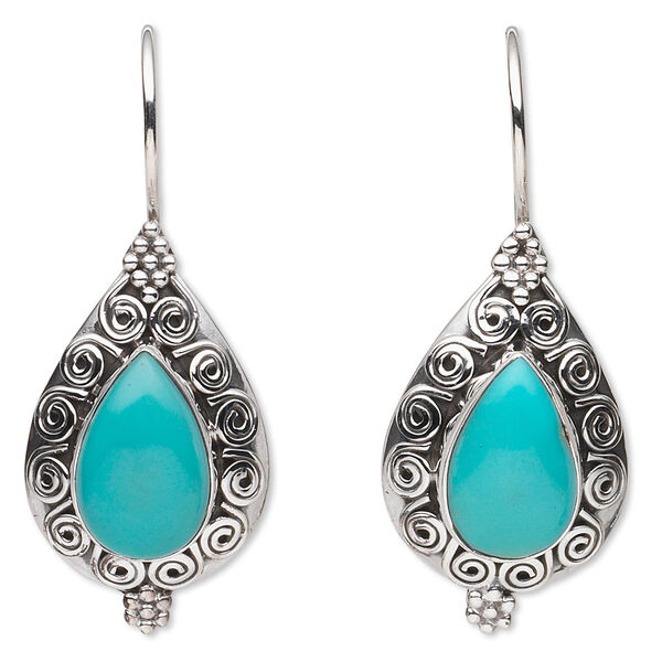 Earring, turquoise (stabilized) and sterling silver, 40mm with filigree design and 14x9mm teardrop with fishhook ear wire. Sold per pair. image number 0