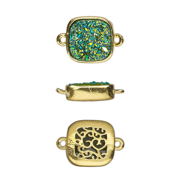 Link, Druzylite™, "druzy" (resin) and gold-finished brass, green, 11.5mm two-sided square with open filigree back. Sold per pkg of 4. image number 0