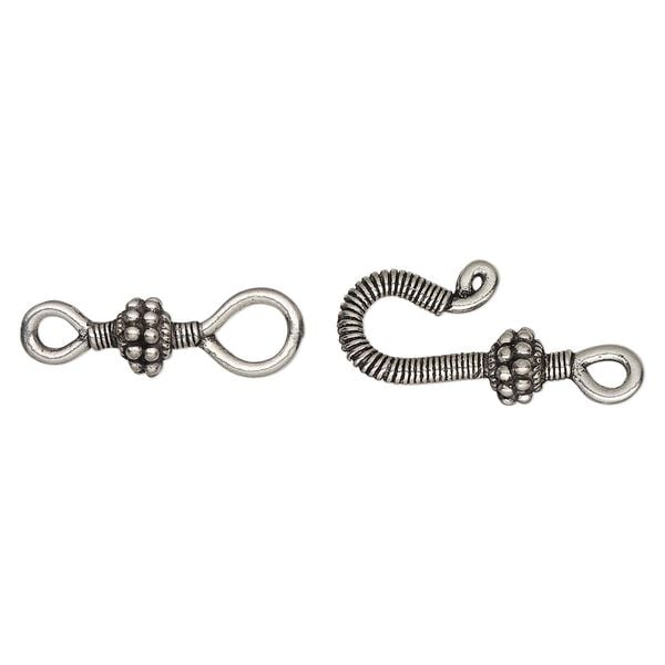 Clasp, hook-and-eye, antiqued pewter (tin-based alloy), 37x12mm with beaded rondelle and wire-wrapped design. Sold individually. image number 0