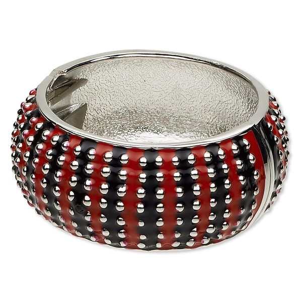 Bracelet, hinged bangle, epoxy and rhodium-finished "pewter" (zinc-based alloy), black and red, 32mm wide with raised dot design, 60mm inside diameter. Sold individually. image number 0