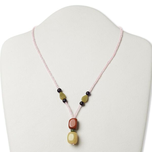 Multi-gemstone / glass / "pewter" (zinc-based alloy) 1pkg1, AB silver-finished / antique gold-finished necklace 17 inch / 1.25-1.5 inch dangle / lobster claw clasp image number 0