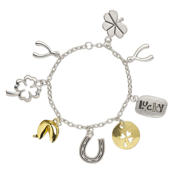 Bracelet component, silver- / gold- / antique gold-finished "pewter" (zinc-based alloy) / steel, 14mm-20x15mm assorted charms, 7 inches. Sold individually. image number 0