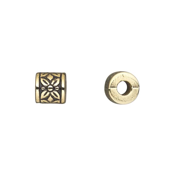 Bead, antiqued gold-finished copper-coated plastic, 8mm drum with flowers. Sold per 50-gram pkg, approximately 150 beads. image number 0