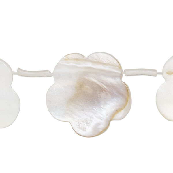 Bead, mother-of-pearl shell (bleached), white, 21x16mm-23x19mm top-drilled flat flower, Mohs hardness 3-1/2. Sold per 17-inch strand, approximately 15 beads. image number 0