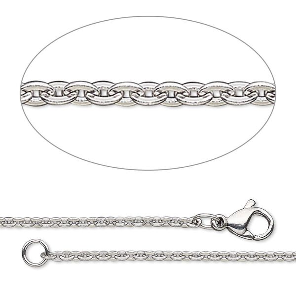 Chain, steel and stainless steel, 2.4x1.8mm flat oval cable, 24 inches with lobster claw clasp. Sold individually. image number 0