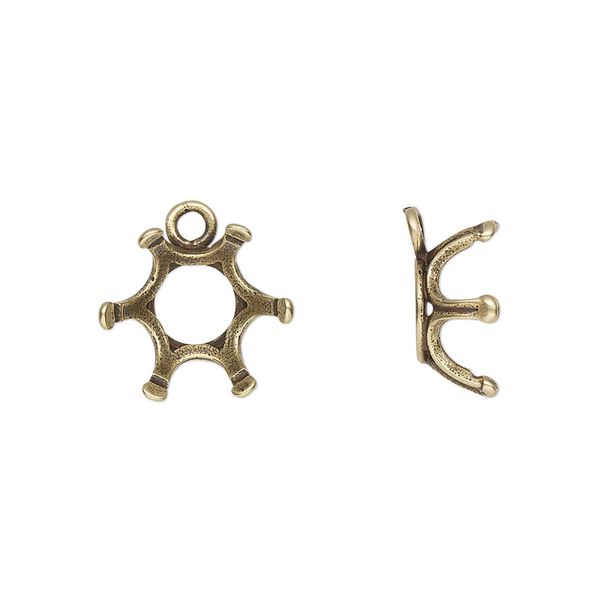 Drop, JBB Findings, antique brass-plated brass, 14mm round with open back and 6-prong 12mm rivoli setting. Sold per pkg of 2. image number 0