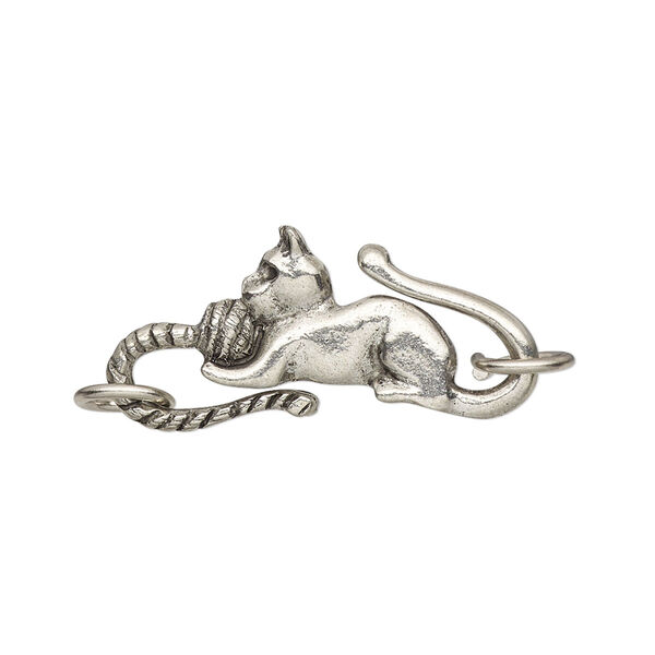 Clasp, S-hook, pewter (tin-based alloy), pkg/1, antiqued, 29x13mm with cat design and (2) 7.5mm jump rings. image number 0