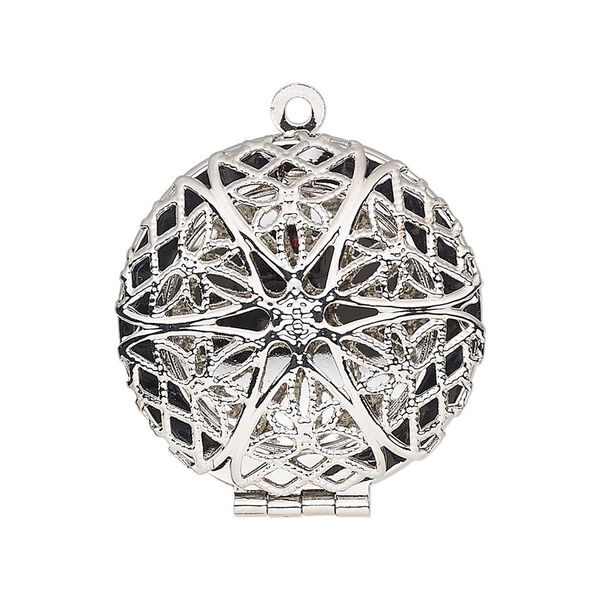 Drop, silver-finished brass, 28mm single-sided hinged round bead cage with cutout flower. Sold individually. image number 0