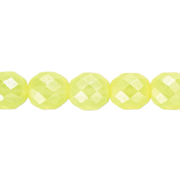 Bead, Czech fire-polished dipped décor glass, pearlescent light yellow, 10mm faceted round. Sold per 15-1/2" to 16" strand. image number 0