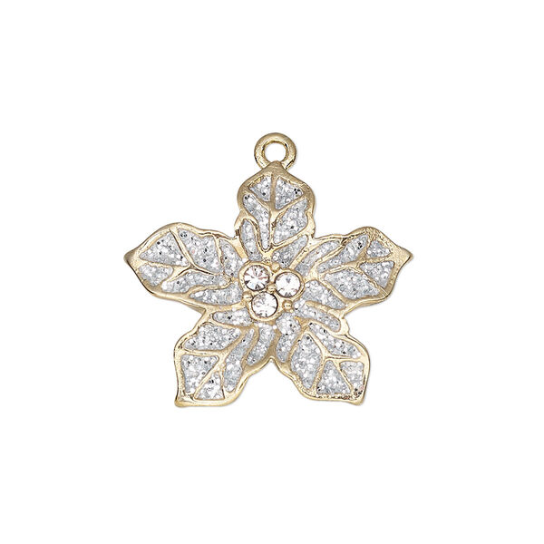 Charm, enamel / glass rhinestone / gold-finished "pewter" (zinc-based alloy), clear and white with silver-colored glitter, 23x20mm single-sided poinsettia. Sold individually. image number 0