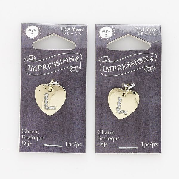 Charm, gold-finished "pewter" (zinc-based alloy) / steel / acrylic rhinestone, clear, 15.5x15mm single-sided puffed heart with letter "L." Sold per pkg of 2. image number 0