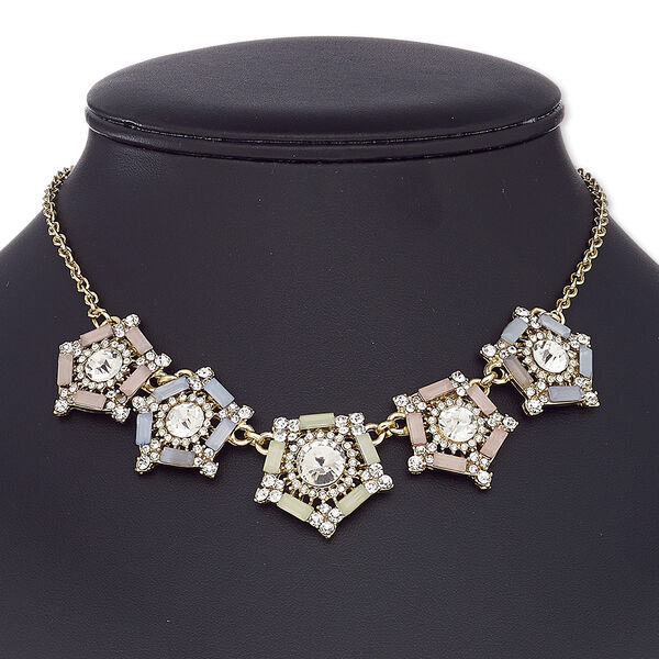 Necklace, glass rhinestone / resin / gold-coated plastic / gold-finished steel / "pewter" (zinc-based alloy), multicolored, 25x25mm pentagon, 16 inches with 2-inch extender chain and lobster claw clasp. Sold individually. image number 0