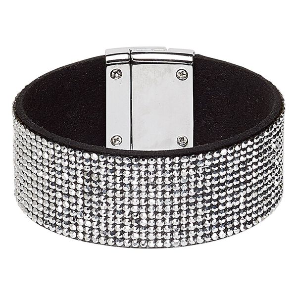 Bracelet, glass rhinestone / faux suede / imitation rhodium-plated "pewter" (zinc-based alloy), black and metallic silver, 31mm wide, 6-1/2 inches with magnetic clasp. Sold individually. image number 0