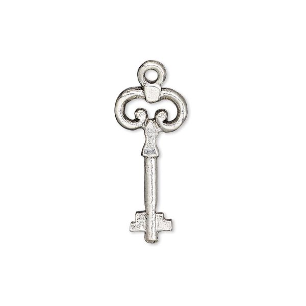 Charm, antique silver-plated pewter (tin-based alloy), 23x10.5mm double-sided key. Sold per pkg of 2. image number 0