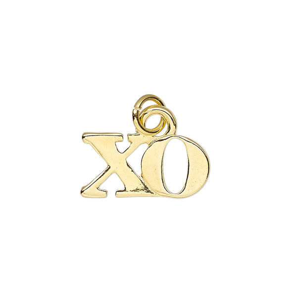 Charm, gold-finished "pewter" (zinc-based alloy), 19x10mm single-sided "XO" with 6mm jump ring. Sold per pkg of 2. image number 0