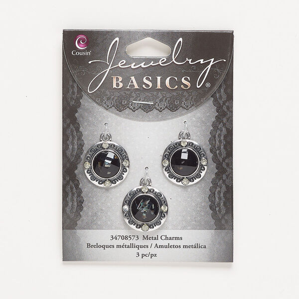 Drop, silver-finished "pewter" (zinc-based alloy) / acrylic / glass, black and pale yellow, 19mm single-sided textured round with swirl design. Sold per pkg of 3. image number 0