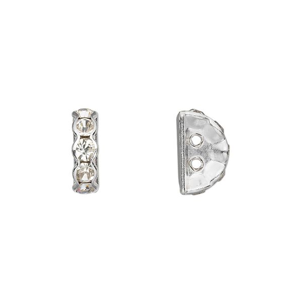 Spacer, glass rhinestone and silver-plated brass, clear, 12x4mm 2-strand half-round bridge, fits up to 3.5mm bead. Sold per pkg of 10. image number 0