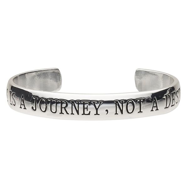 Bracelet, cuff, silver-plated brass, 11mm wide with "HAPPINESS IS A JOURNEY, NOT A DESTINATION," 7-1/2 inches. Sold individually. image number 0