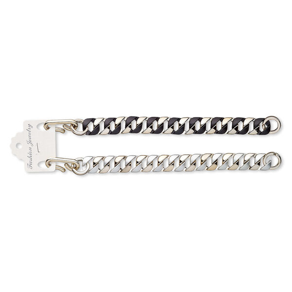Bracelet, acrylic and rose gold-coated plastic, matte black and silver, 17mm wide, 7-1/2 inches with hook-and-eye clasp. Sold per pkg of 2. image number 0