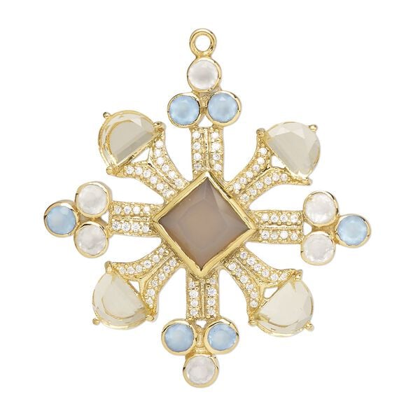 Focal, cubic zirconia / gold-finished sterling silver / lemon quartz and chalcedony (natural / dyed / heated), yellow / blue / clear, 35x34mm single-sided burst. Sold individually. image number 0
