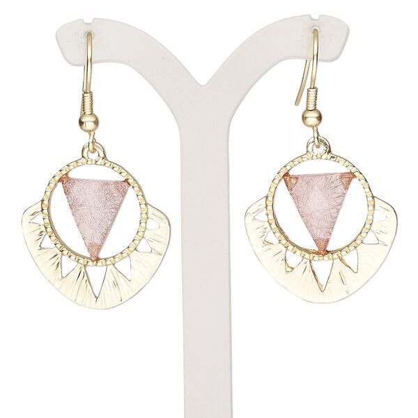 Earring, resin with gold-finished brass and "pewter" (zinc-based alloy), pink, 1-1/2 inch matte with triangle and fishhook ear wire. Sold per pair. image number 0
