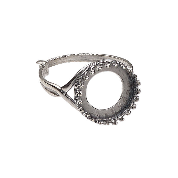 Ring, JBB Findings, antiqued sterling silver, 16mm wide with decorative trim and 14mm round bezel setting, adjustable from size 8-11. Sold individually. image number 0