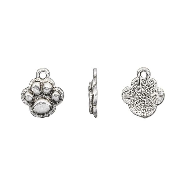 Charm, antique silver-plated pewter (tin-based alloy), 12x10mm single-sided paw print. Sold per pkg of 4. image number 0