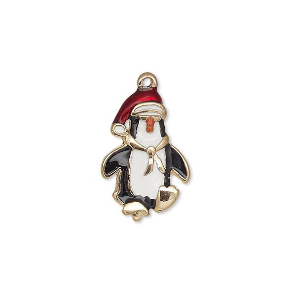 Charm, enamel and gold-finished "pewter" (zinc-based alloy), multicolored, 20x13mm single-sided penguin with Santa hat. Sold individually. image number 0