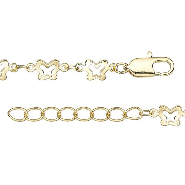 Chain, gold-finished brass, 3x2mm oval and 6x5mm open butterfly, 24 inches with 1-1/4 inch extender chain and lobster claw clasp. Sold individually. image number 0