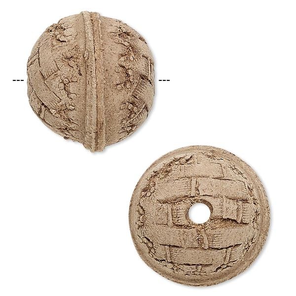 Bead, leather, brown, 16.5-20.5mm round with etched weave design. Sold individually. image number 0