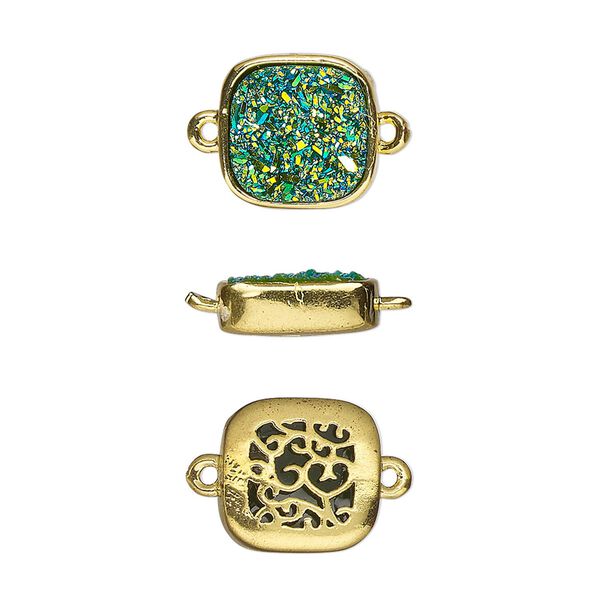Link, Druzylite™, "druzy" (resin) and gold-finished brass, green, 11.5mm two-sided square with open filigree back. Sold per pkg of 4. image number 0