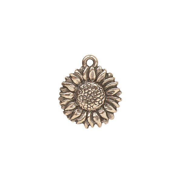 Charm, TierraCast®, antique copper-plated pewter (tin-based alloy), 15mm double-sided sunflower. Sold per pkg of 20. image number 0