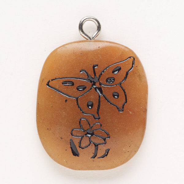 Focal, steel/red aventurine (natural)/enamel, pkg/1, silver finish and black, 30x24mm-39x27mm single-sided puffed freeform with butterfly and flower, B grade. image number 0