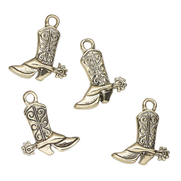 Charm, antique gold-finished "pewter" (zinc-based alloy), 14mm cowboy boot with swirl design. Sold per pkg of 4. image number 0