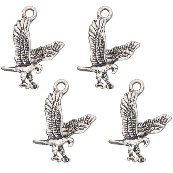 Charm, antique silver-finished "pewter" (zinc-based alloy) , 20x18mm single-sided eagle. Sold per pkg of 4. image number 0