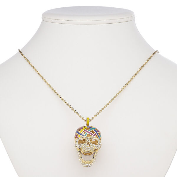 Necklace, Avant-Garde Jewelry Collection, enamel / Czech glass rhinestone / gold-plated brass, multicolored, 39x26mm skull with hinged jaw, 24 inches with 2-inch extender chain and lobster claw clasp. Sold individually. image number 0