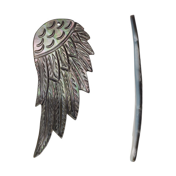Focal, black lip shell (natural), 55x28mm-60x31mm single-sided hand-cut carved wing, Mohs hardness 3-1/2. Sold individually. image number 0
