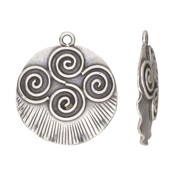 Drop, Hill Tribes, antiqued fine silver, 26mm single-sided wavy round with spiral design. Sold individually. image number 0